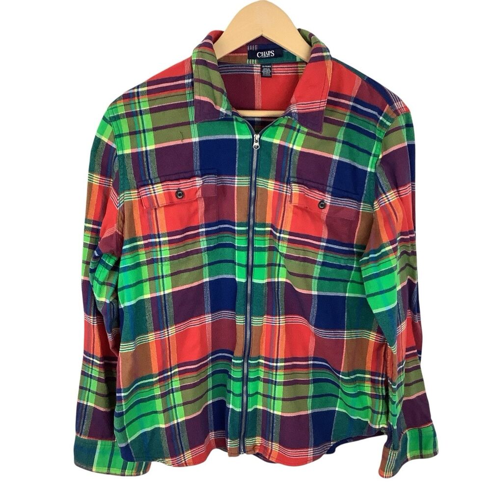 Chaps Denim Women Plaid Flannel Zipper Shirt Jacket Red Green Blue XL Shacket